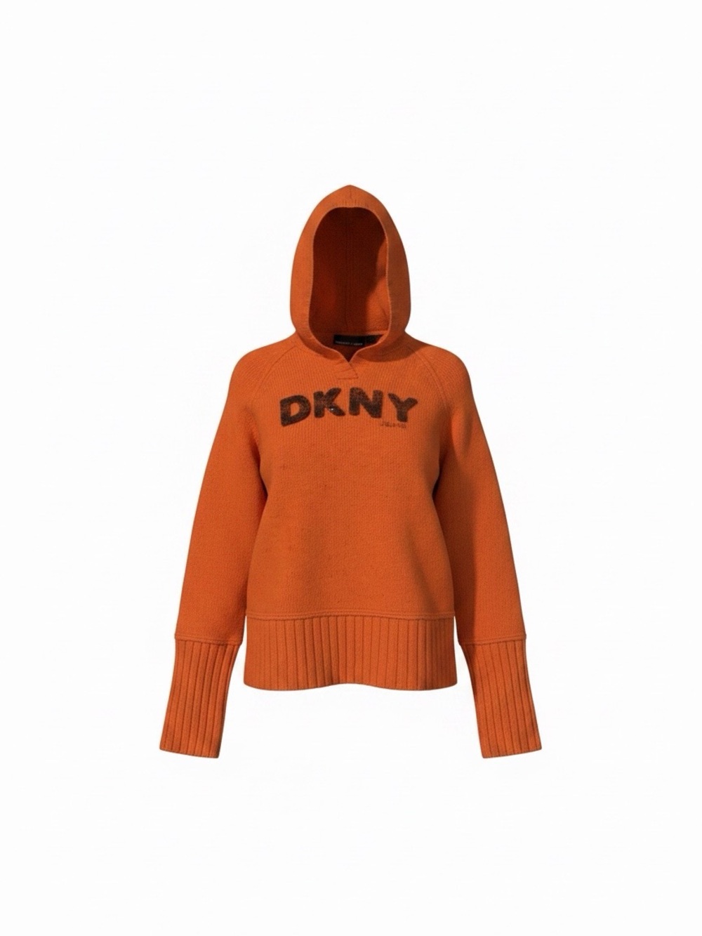 Y2K DKNY Orange Hooded Logo Knit Sweatshirt